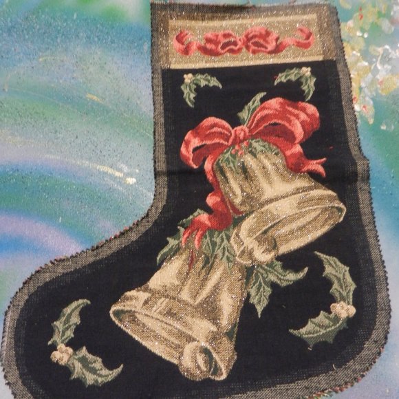 Vintage Holiday Vtg Christmas Tapestry Bells Stocking Fabric Home